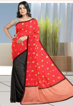 Hand Embroidered Georgette Saree in Red and Charcoal