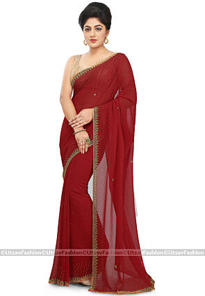 Hand Embroidered Georgette Saree in Red