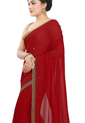 Hand Embroidered Georgette Saree in Red
