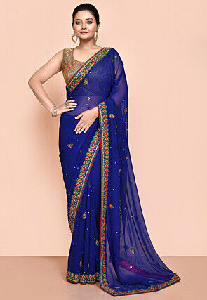 Hand Embroidered Georgette Saree in Royal Blue
