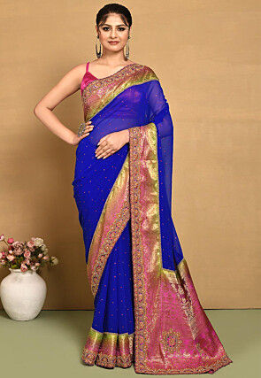 Hand Embroidered Georgette Saree in Royal Blue