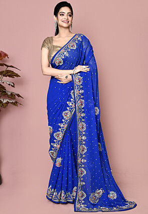 Hand Embroidered Georgette Saree in Royal Blue
