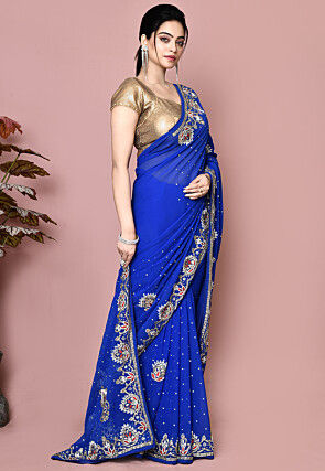 Hand Embroidered Georgette Saree in Royal Blue