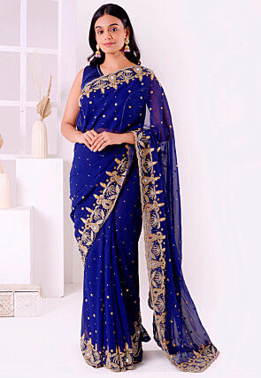Hand Embroidered Georgette Saree in Royal Blue