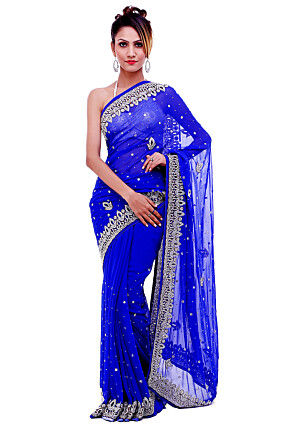 Hand Embroidered Georgette Saree in Royal Blue