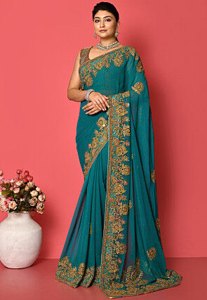 Hand Embroidered Georgette Saree in Teal Blue