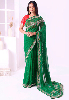 Hand Embroidered Georgette Saree in Teal Green