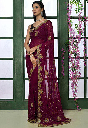 Hand Embroidered Georgette Saree in Wine