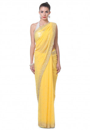 Hand Embroidered Georgette Saree in Yellow