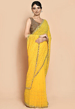 Hand Embroidered Georgette Saree in Yellow