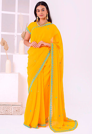 Hand Embroidered Georgette Saree in Yellow