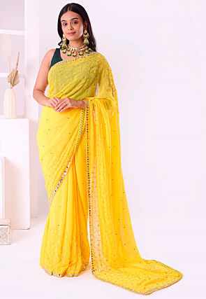 Hand Embroidered Georgette Saree in Yellow