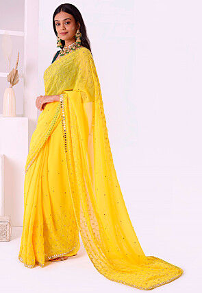 Hand Embroidered Georgette Saree in Yellow