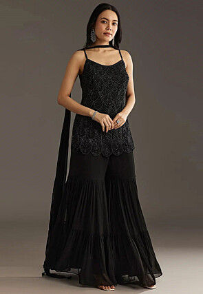 Hand Embroidered Georgette Scalloped Pakistani Suit in Black