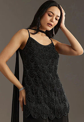 Hand Embroidered Georgette Scalloped Pakistani Suit in Black