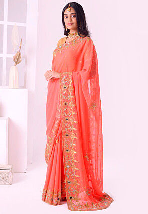 Hand Embroidered Georgette Scalloped Saree in Dark Peach