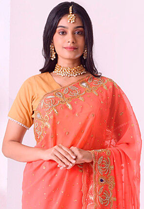 Hand Embroidered Georgette Scalloped Saree in Dark Peach
