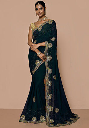 Hand Embroidered Georgette Scalloped Saree in Dark Teal Green