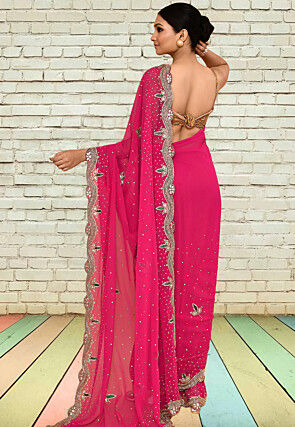 Hand Embroidered Georgette Scalloped Saree in Fuchsia