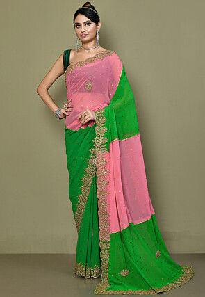 Hand Embroidered Georgette Scalloped Saree in Green and Pink
