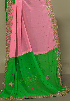 Hand Embroidered Georgette Scalloped Saree in Green and Pink