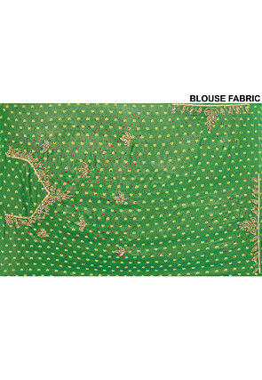 Hand Embroidered Georgette Scalloped Saree in Green and Pink