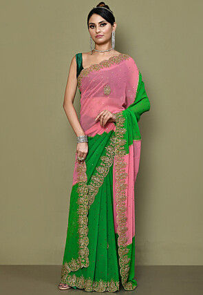 Hand Embroidered Georgette Scalloped Saree in Green and Pink