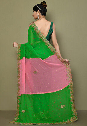 Hand Embroidered Georgette Scalloped Saree in Green and Pink