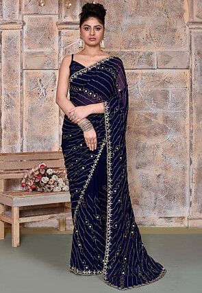 Hand Embroidered Georgette Scalloped Saree in Navy Blue