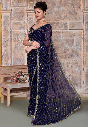 Hand Embroidered Georgette Scalloped Saree in Navy Blue