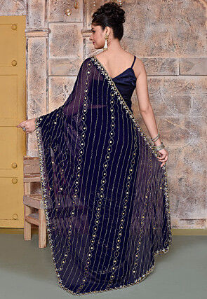 Hand Embroidered Georgette Scalloped Saree in Navy Blue