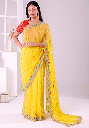 Hand Embroidered Georgette Scalloped Saree in Yellow