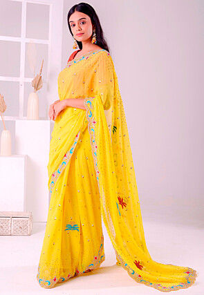 Hand Embroidered Georgette Scalloped Saree in Yellow