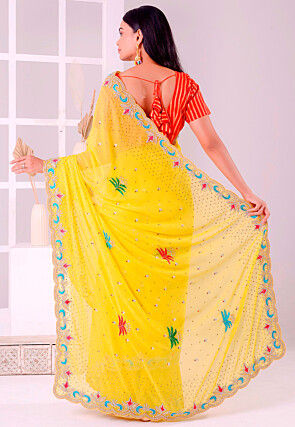 Hand Embroidered Georgette Scalloped Saree in Yellow