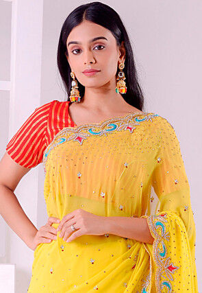 Hand Embroidered Georgette Scalloped Saree in Yellow