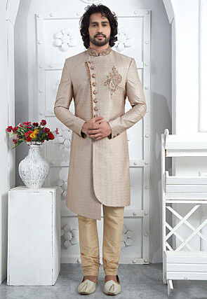 Hand Embroidered Georgette Asymmetric Sherwani in Beige