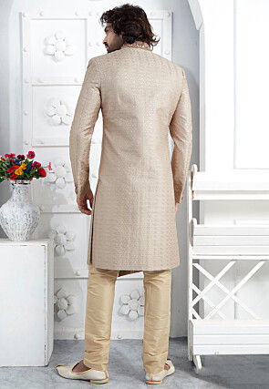 Hand Embroidered Georgette Asymmetric Sherwani in Beige