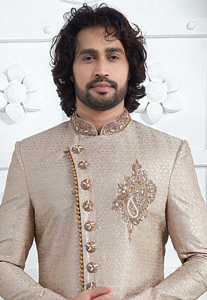 Hand Embroidered Georgette Asymmetric Sherwani in Beige