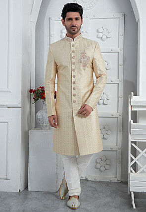 Hand Embroidered Georgette Sherwani in Beige