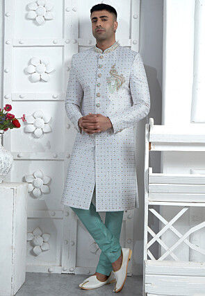 Hand Embroidered Georgette Sherwani in Off White