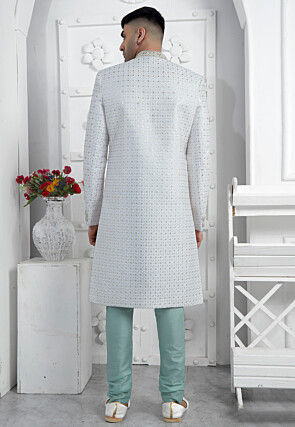 Hand Embroidered Georgette Sherwani in Off White