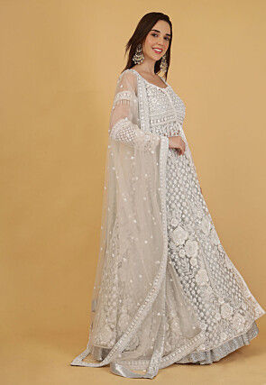 Hand Embroidered Georgette Silk Lehenga in Silver