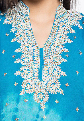 Hand Embroidered Georgette Straight Kurta in Sky Blue