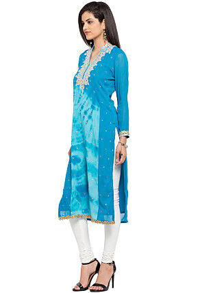 Hand Embroidered Georgette Straight Kurta in Sky Blue