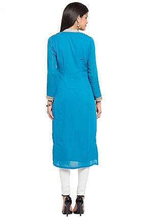 Hand Embroidered Georgette Straight Kurta in Sky Blue