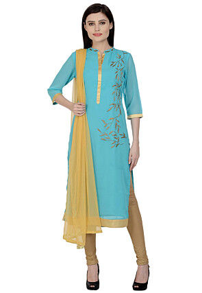 Hand Embroidered Georgette Straight Suit in Blue