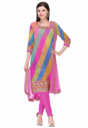 Hand Embroidered Georgette Straight Suit in Multicolor