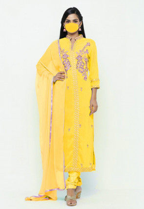 Hand Embroidered Georgette Straight Suit in Mustard