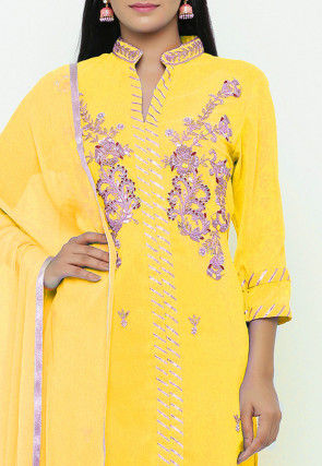 Hand Embroidered Georgette Straight Suit in Mustard