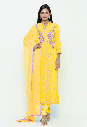 Hand Embroidered Georgette Straight Suit in Mustard